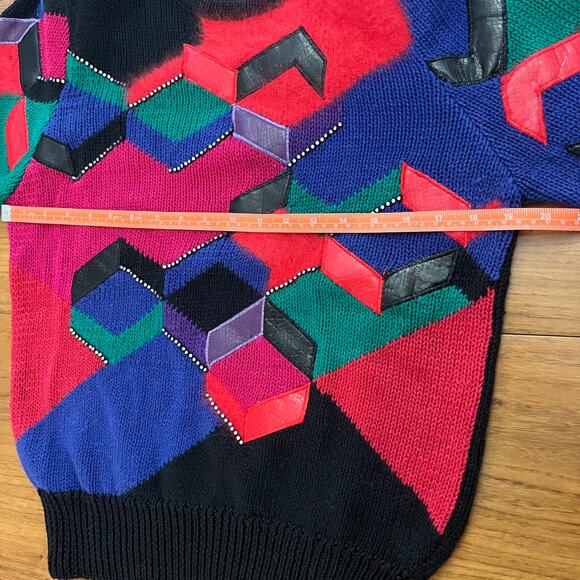 Vintage 80s Sweater Small Leather Angora Geometric Color Block Funky Retro - Picture 6 of 10
